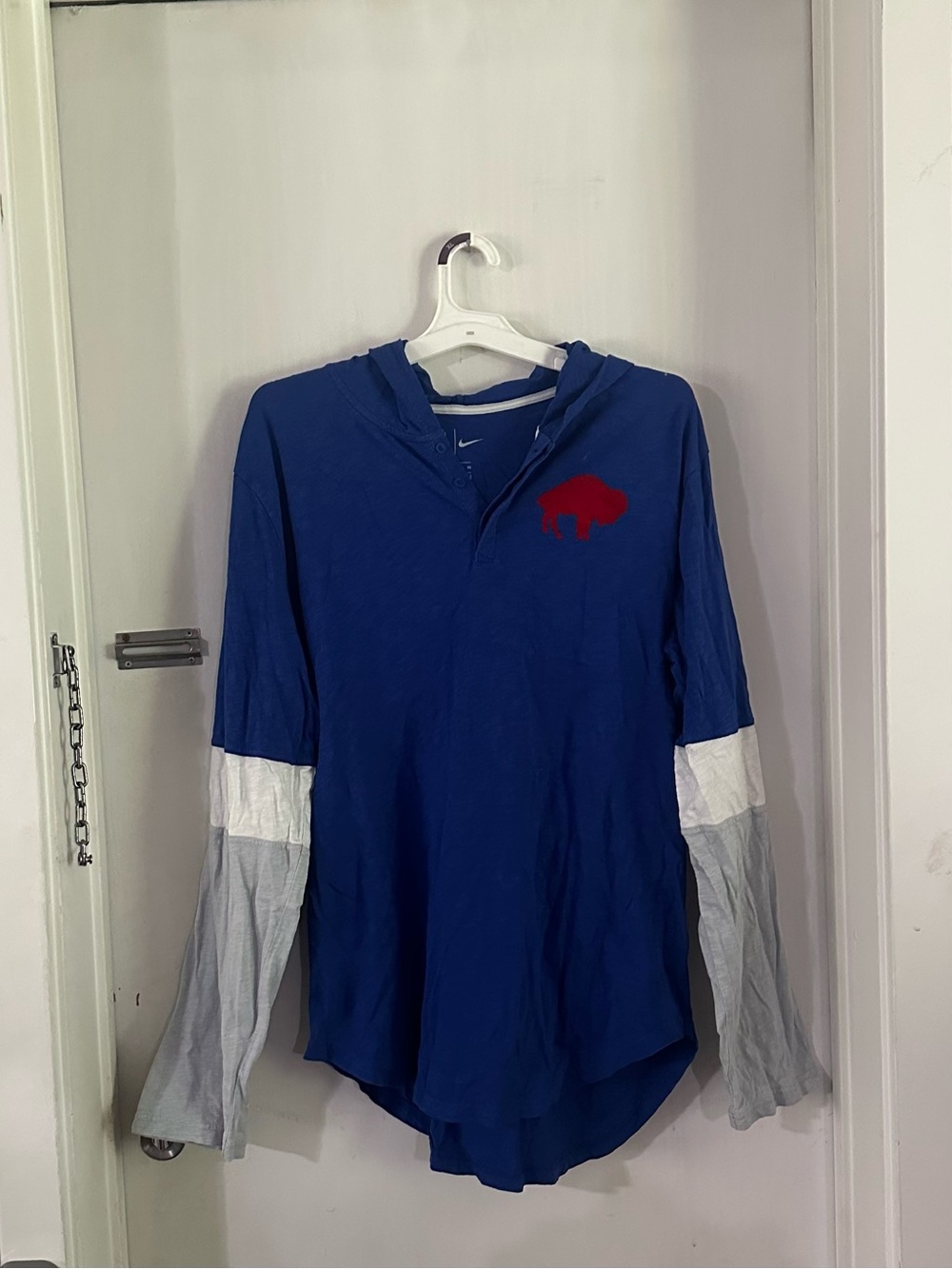 Blue Hooded Buffalo Bills Pullover with Colorblock Sleeves
